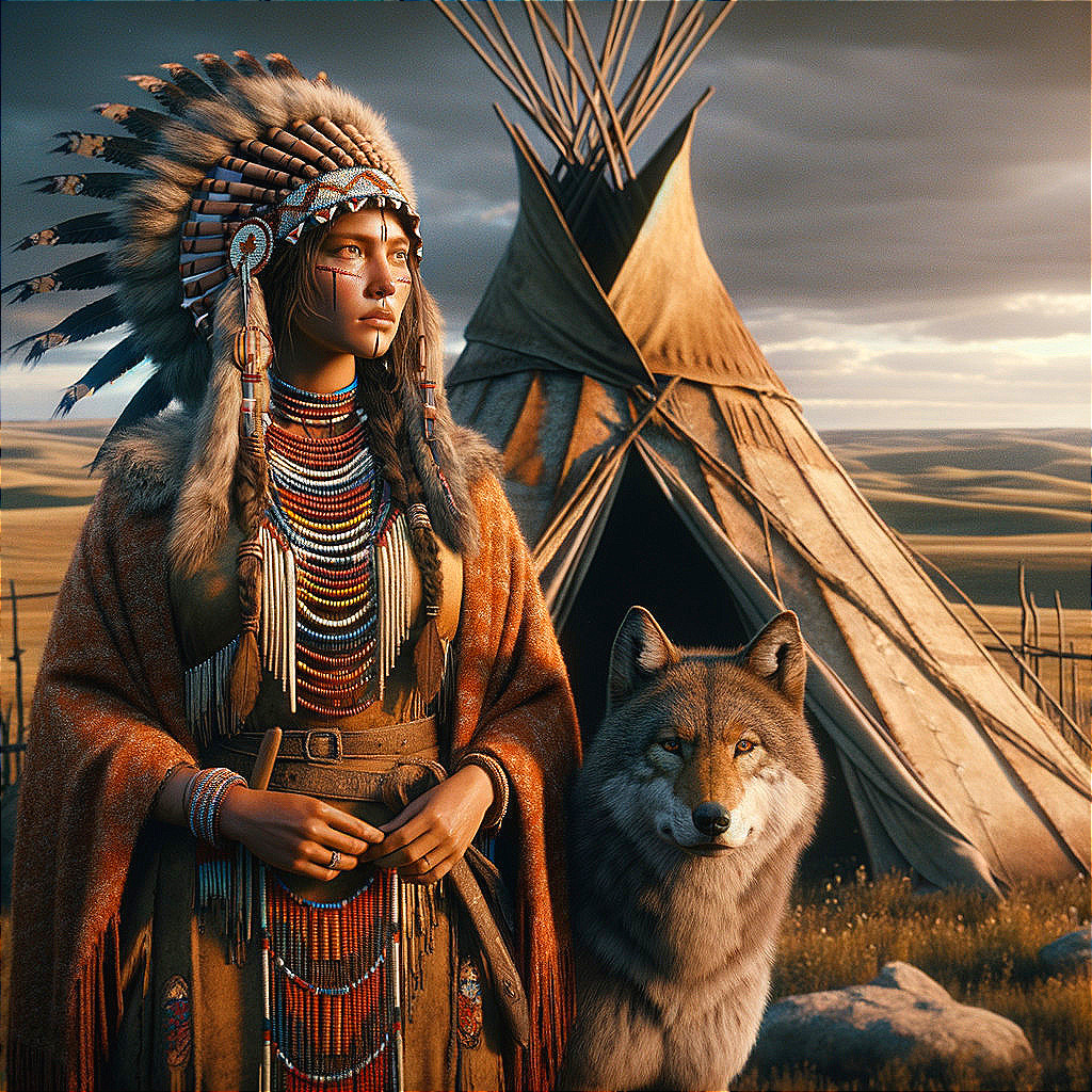 Native American Attire with Wolf at Sunset Plains