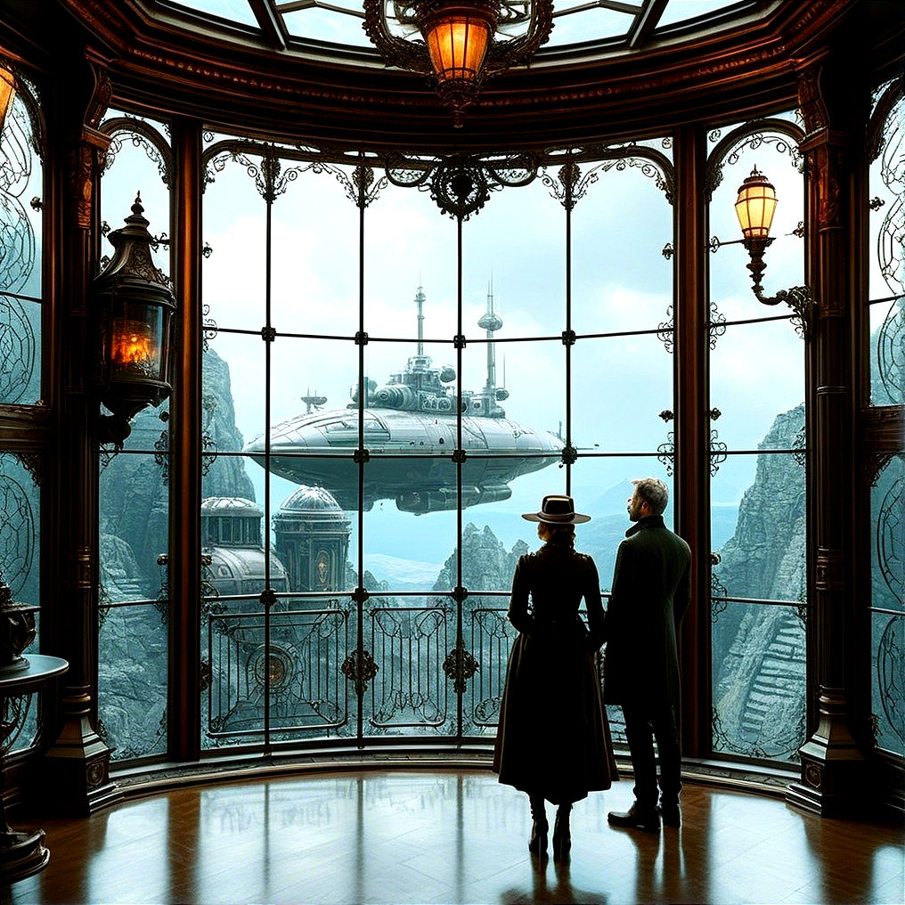 Couple by Grand Window Overlooking Futuristic Airship