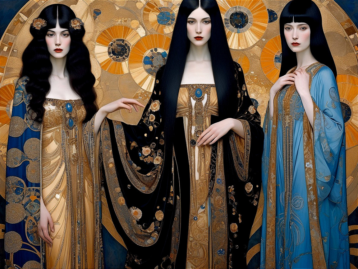 Elegant Figures in Vintage Garments with Intricate Patterns