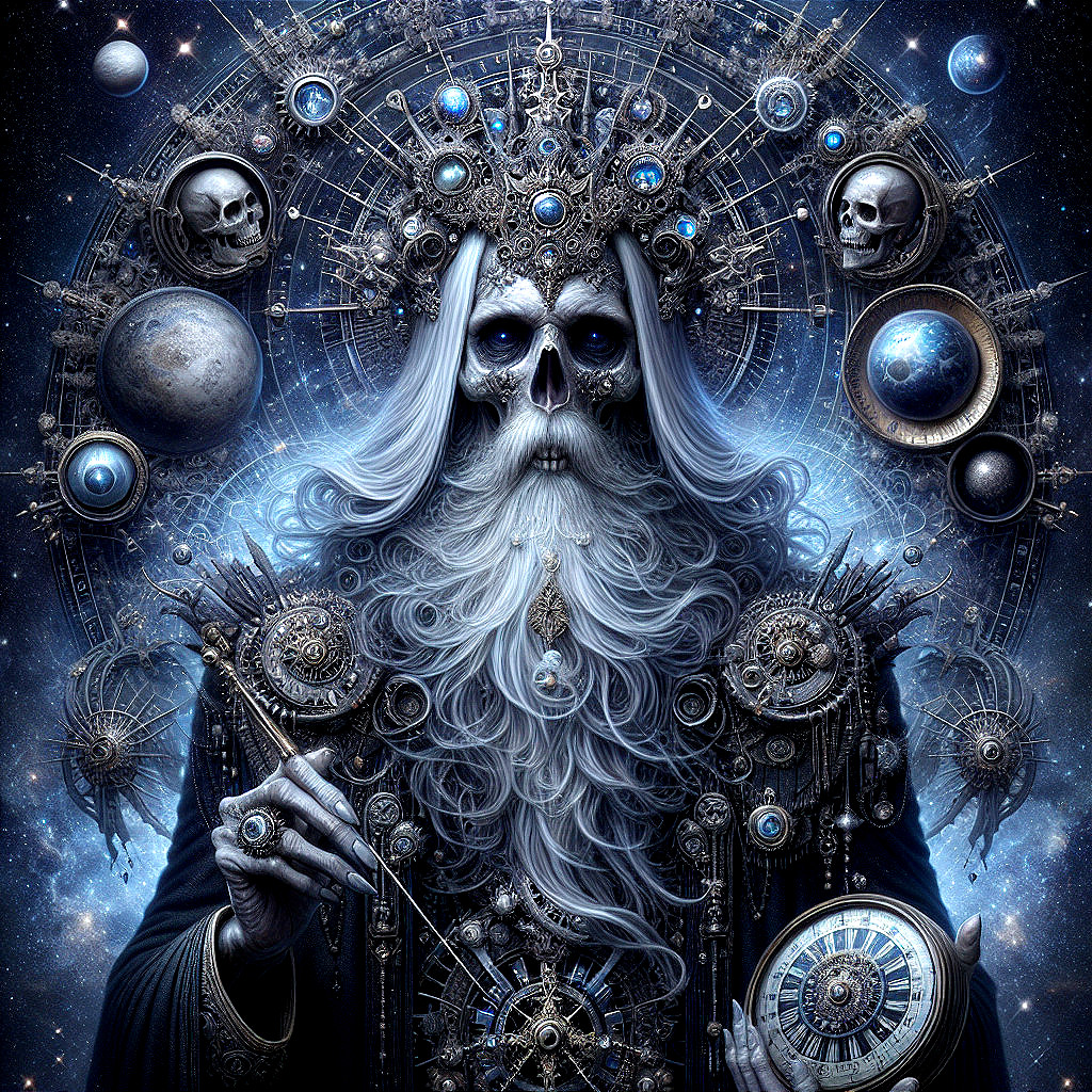 Ethereal Figure with Cosmic Clock and Celestial Elements