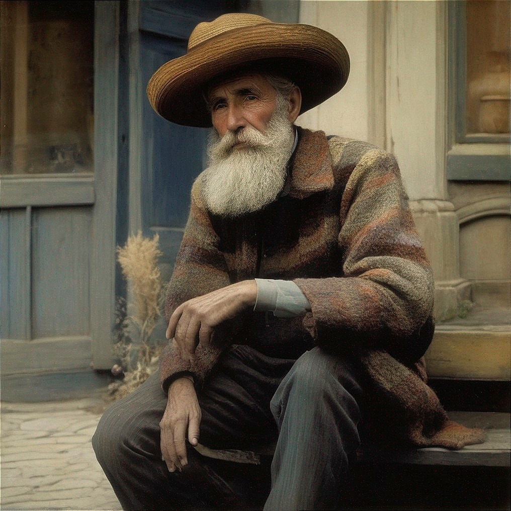 Elderly Man in Straw Hat on Rustic Wooden Step