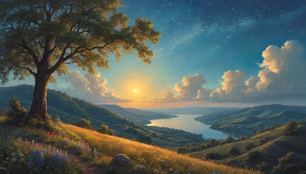 Tranquil River Landscape at Sunset with Wildflowers