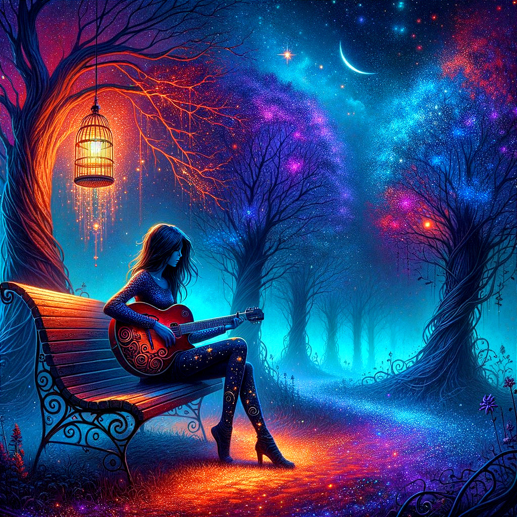 Surreal Landscape with Woman Playing Guitar at Night