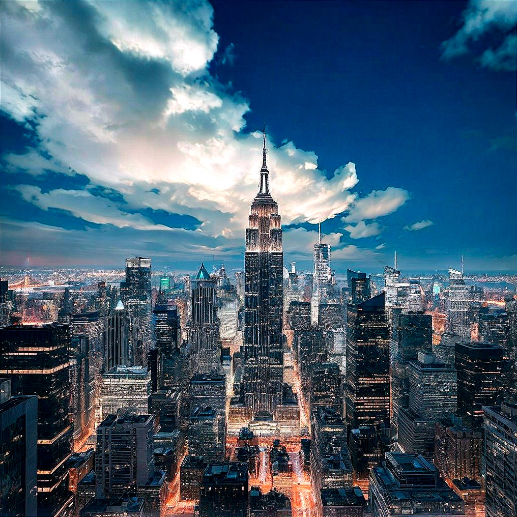 Aerial View of New York City Skyline at Dusk