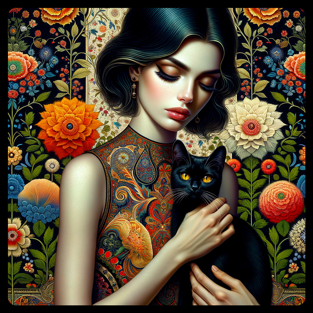 Elegant Woman with Black Cat in Floral Setting
