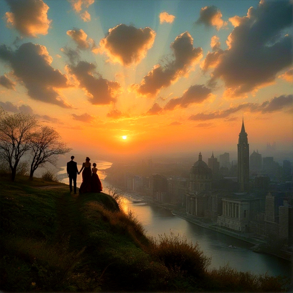 Couple Silhouetted at Sunset Over Scenic Skyline