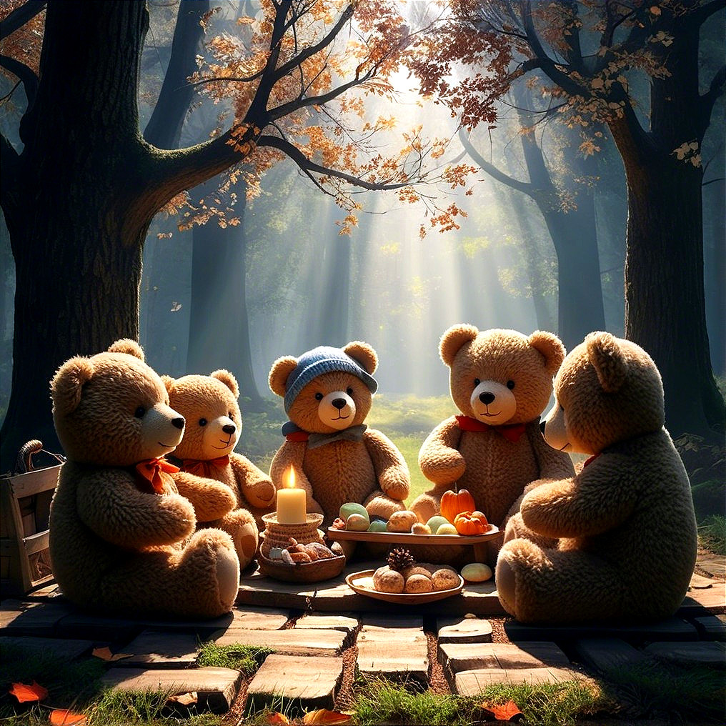 Teddy Bears Picnic in a Tranquil Forest Setting