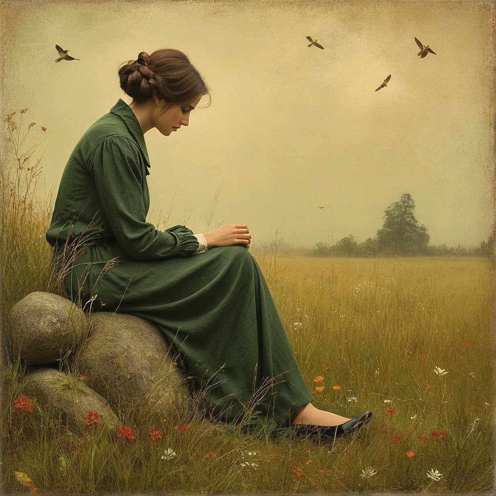 Woman in vintage green dress in serene meadow setting