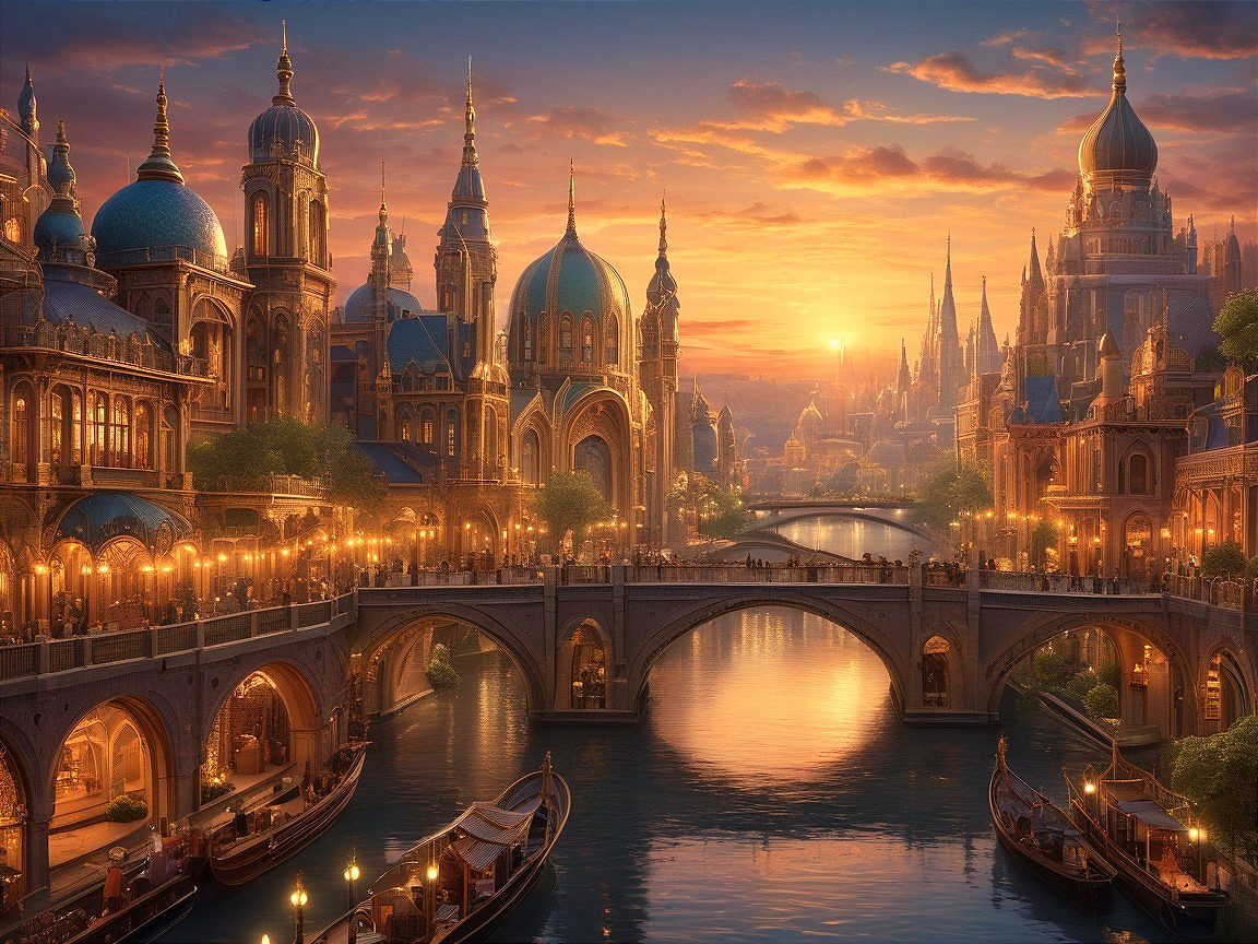 Serene Sunset Over Majestic Cityscape and River
