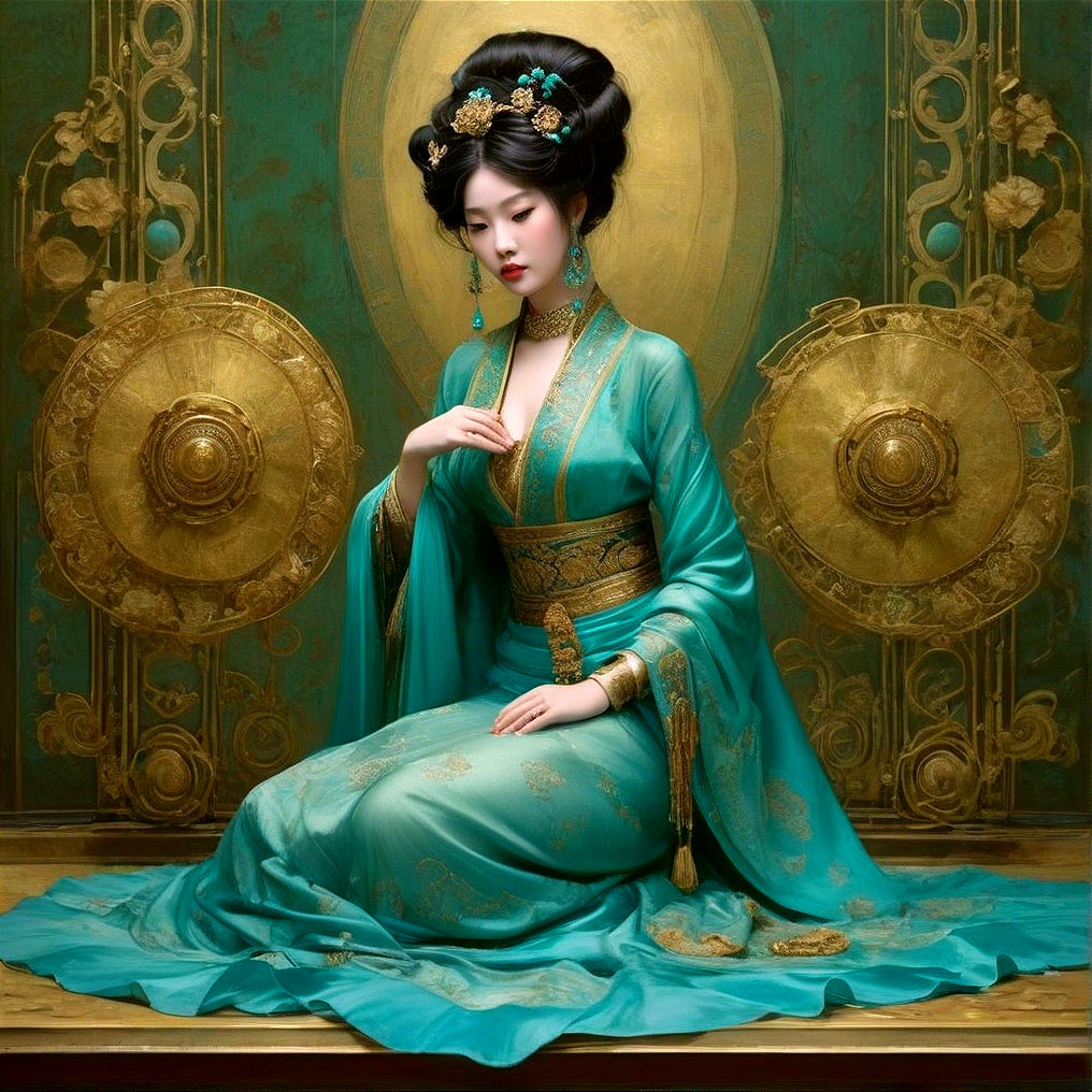 Elegant Woman in Turquoise Silk Attire with Floral Accessories