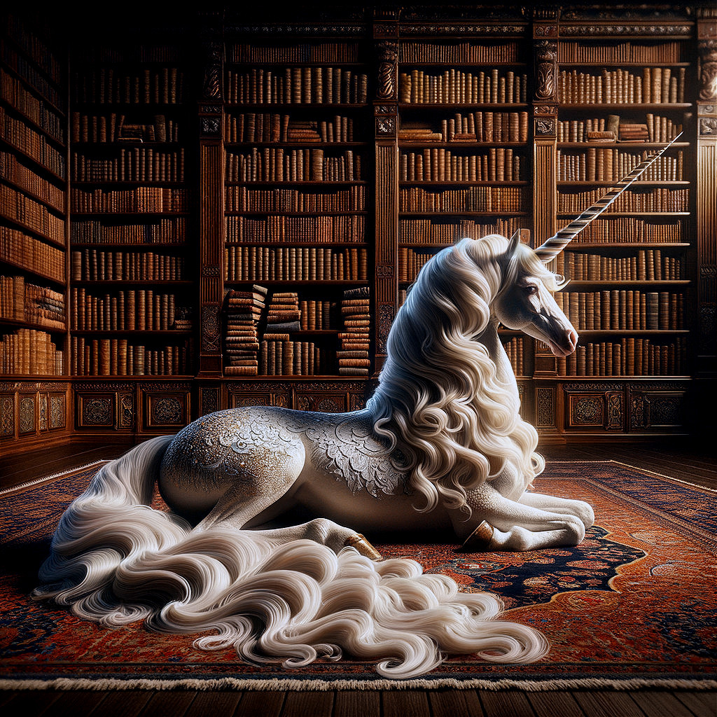 Unicorn in a Grand Library Surrounded by Books