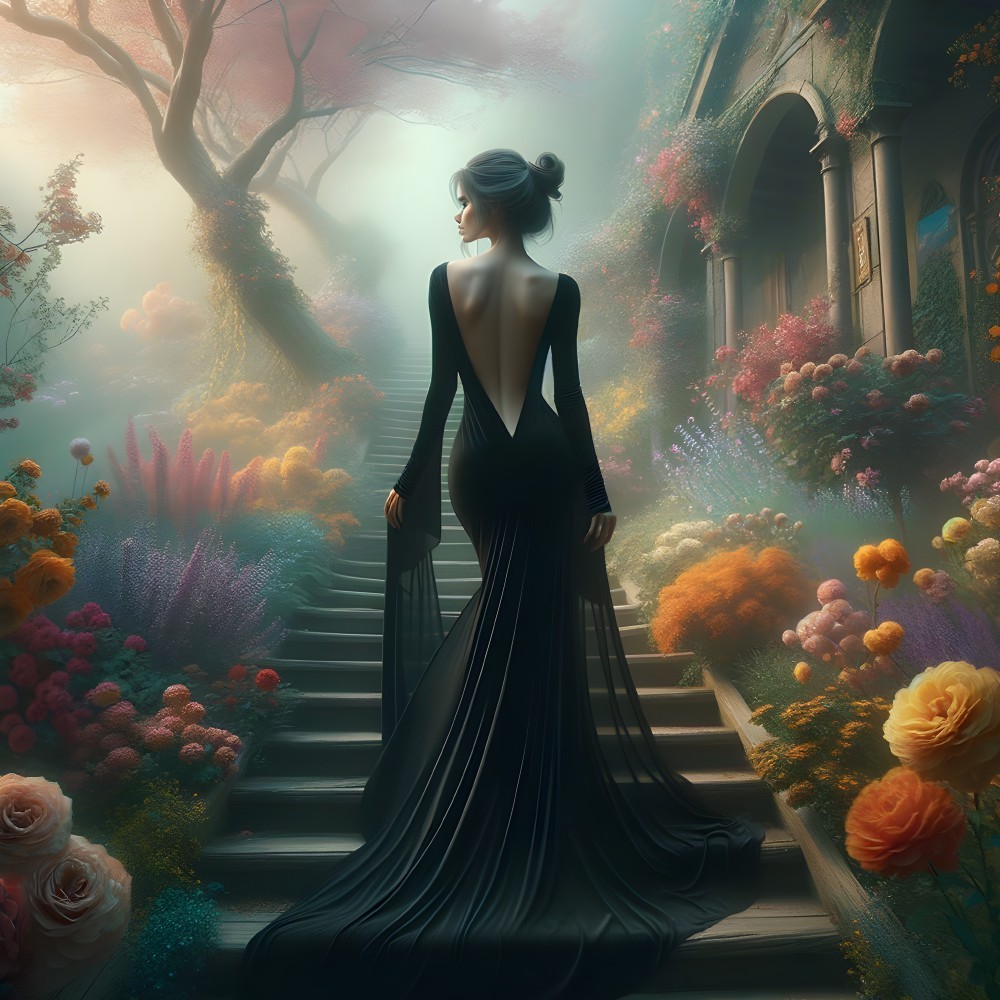Woman in Black Gown on Grand Staircase with Flowers