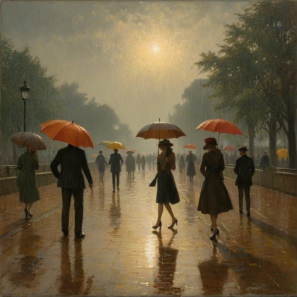 Rainy Scene with Colorful Umbrellas on Cobblestone Path