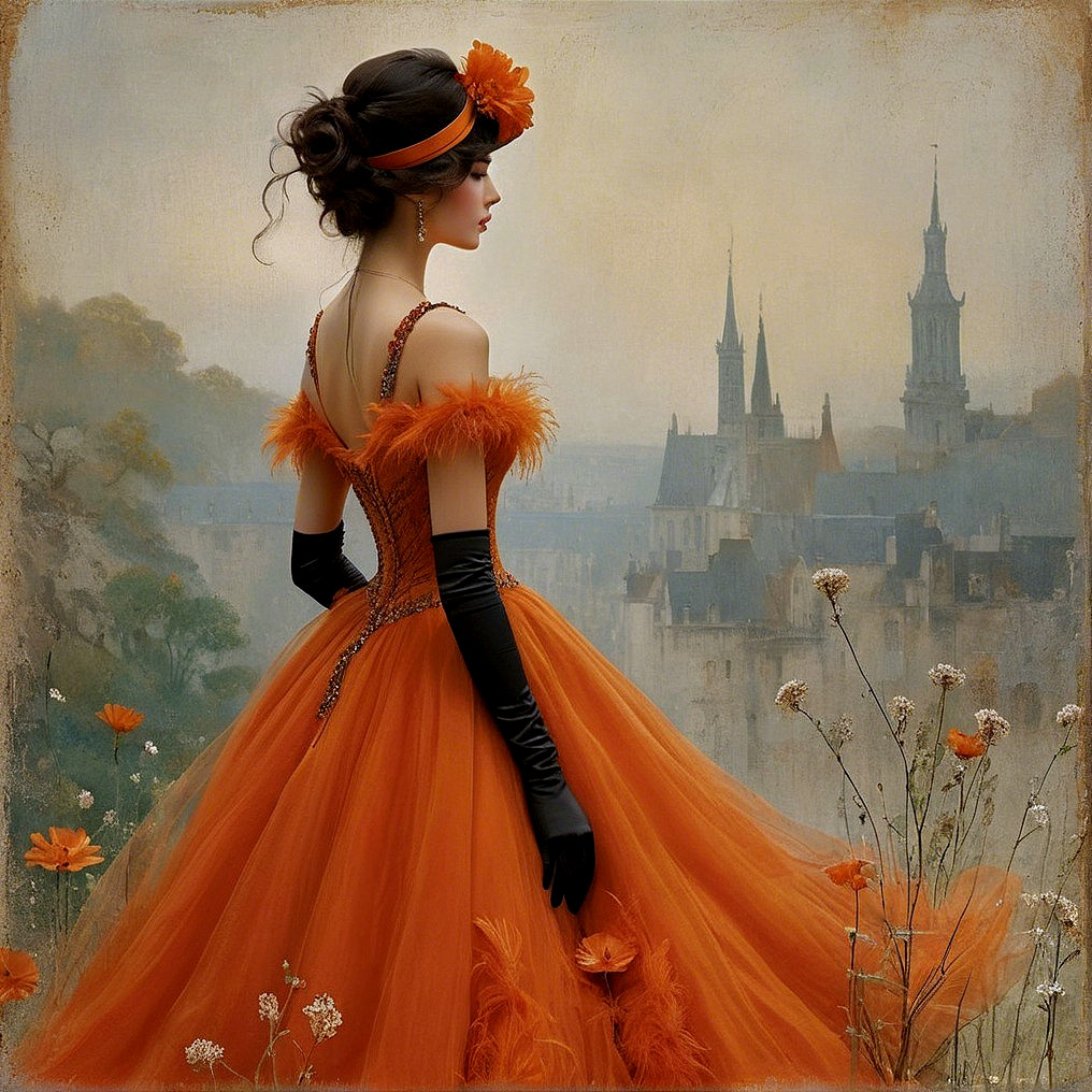 Elegant Woman in Orange Gown with Dreamy Landscape