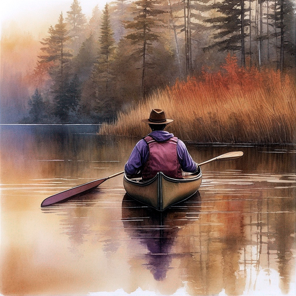 Canoe on a Calm Lake Surrounded by Autumn Foliage