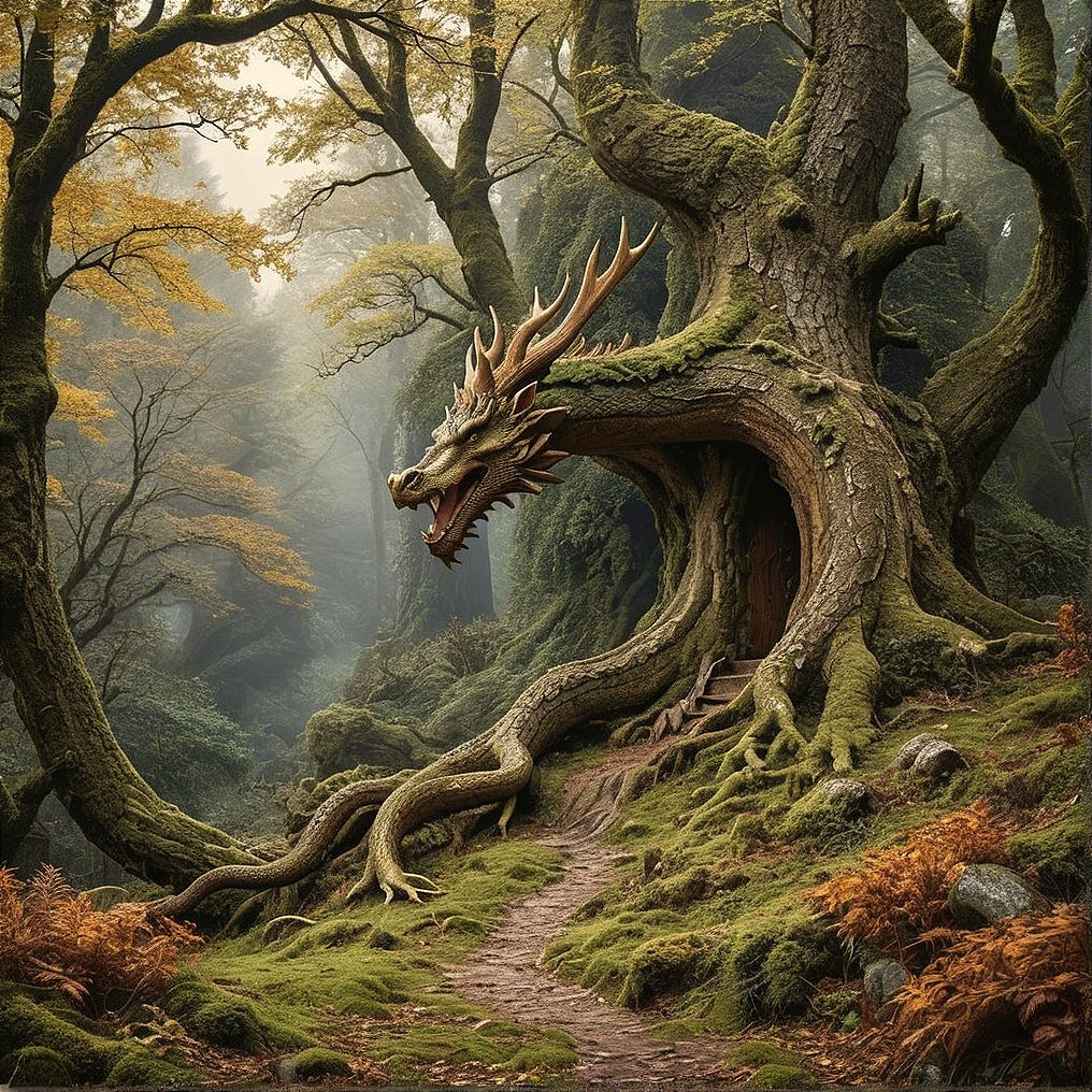 Ancient Tree with Dragon-Shaped Trunk in Forest