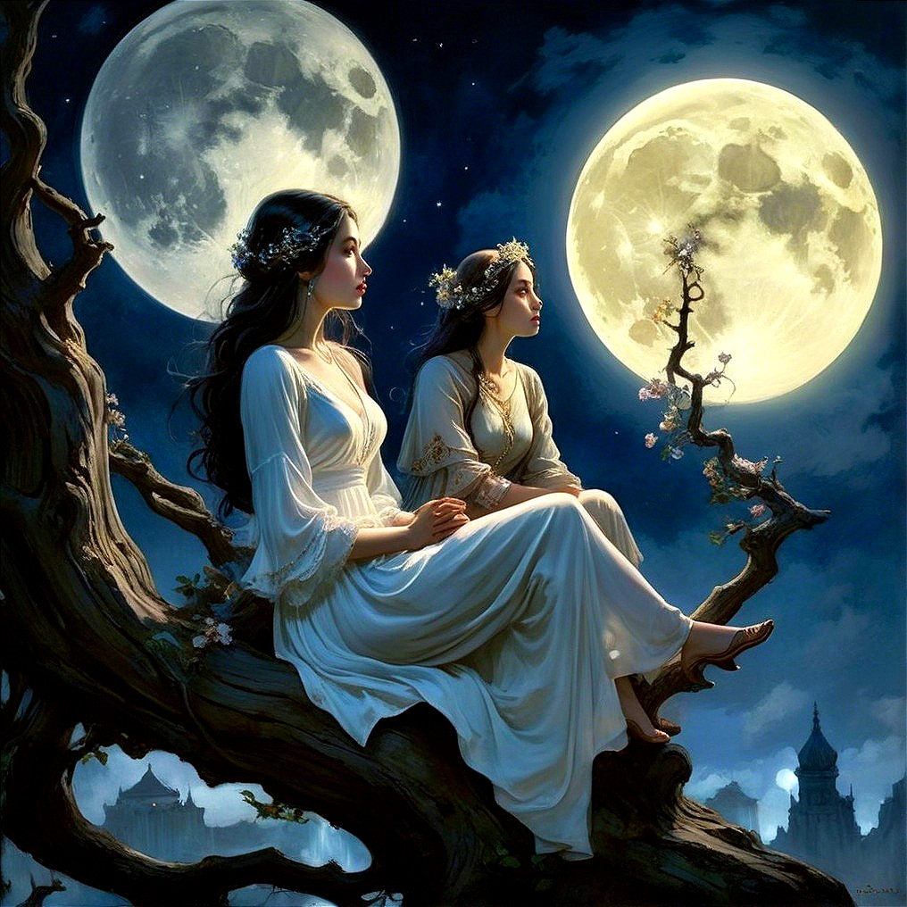 Ethereal Figures on Tree Branch Under Full Moons