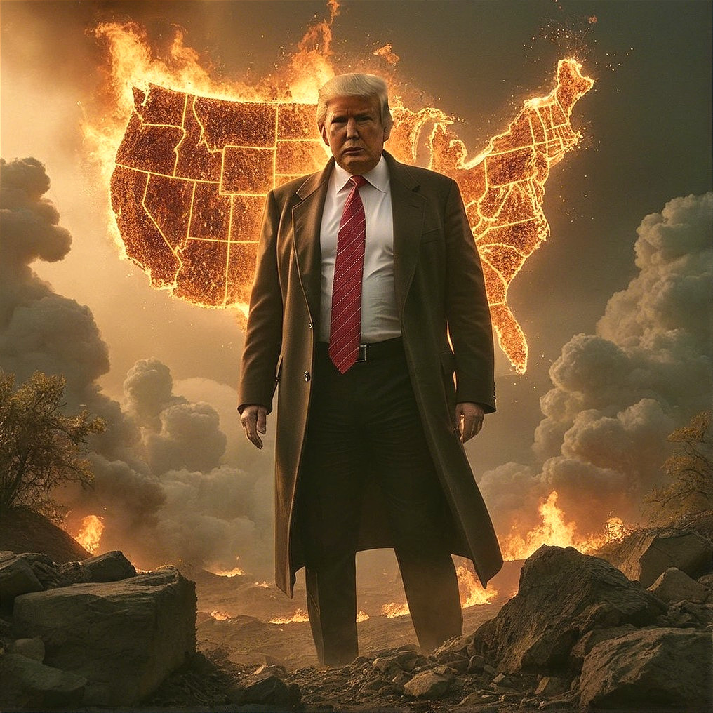 Figure in Formal Attire Against Fiery Landscape