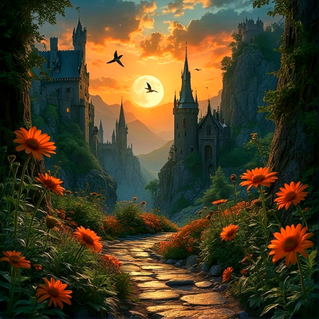 Scenic landscape with stone path and castles at sunset