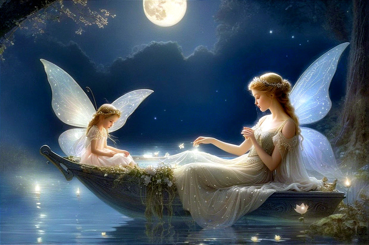Moonlit Scene of Woman and Girl in Glowing Boat