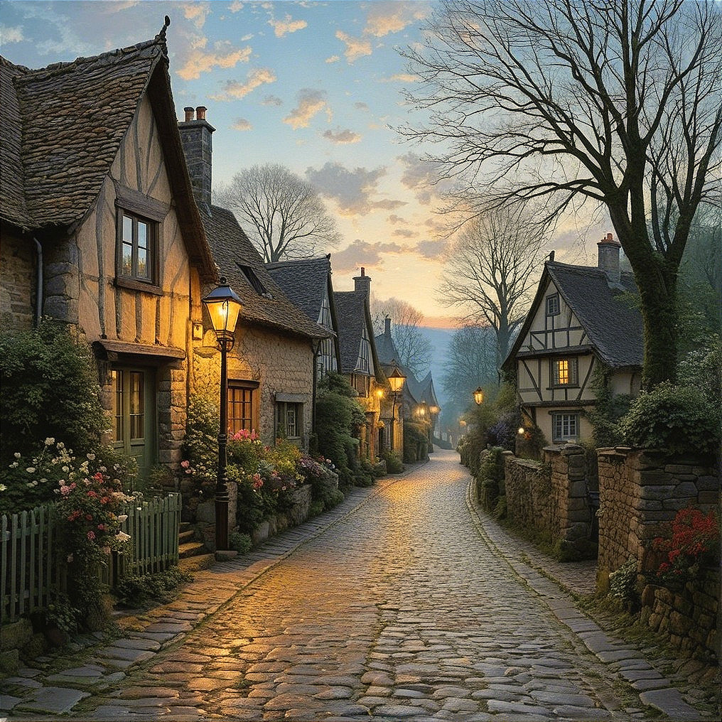 Picturesque Village with Cobblestone Street and Cottages