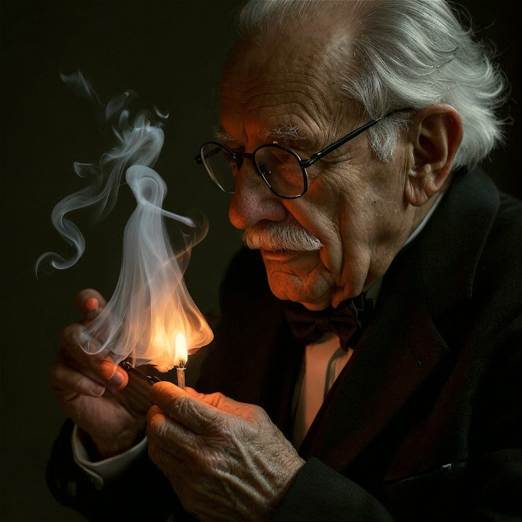 Elderly Man Lighting Cigarette in Introspective Moment