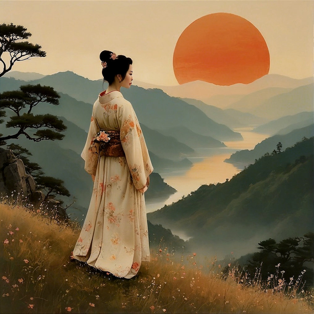 Serene Landscape with Woman in Traditional Kimono