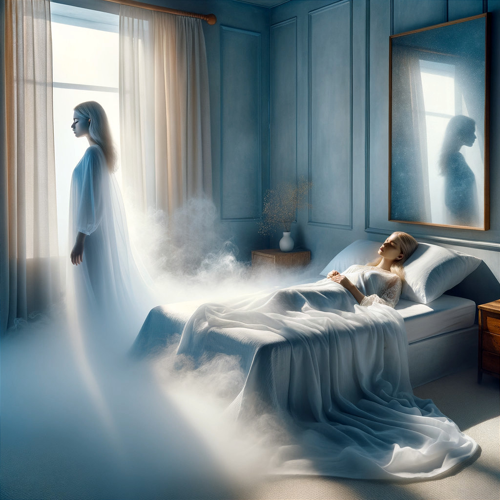 Serene Figure in Ethereal Room with Ghostly Apparition