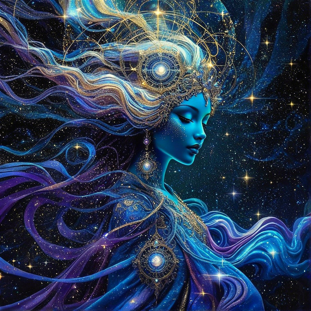 Blue-Skinned Figure in Cosmic Starry Background