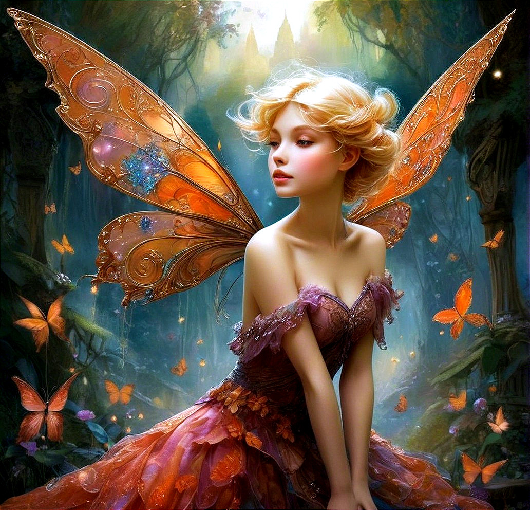 Whimsical Fairy with Orange Wings in Enchanted Forest