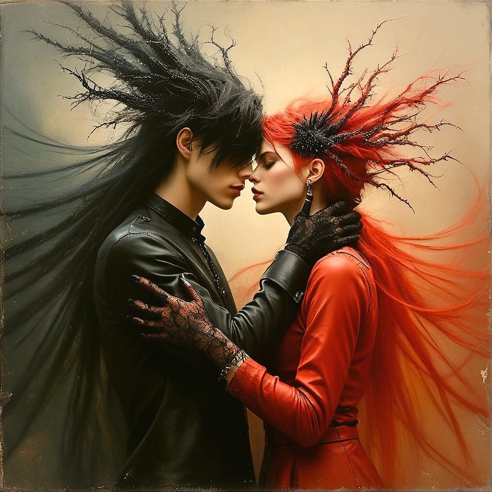 Couple in Gothic Attire with Intense Connection