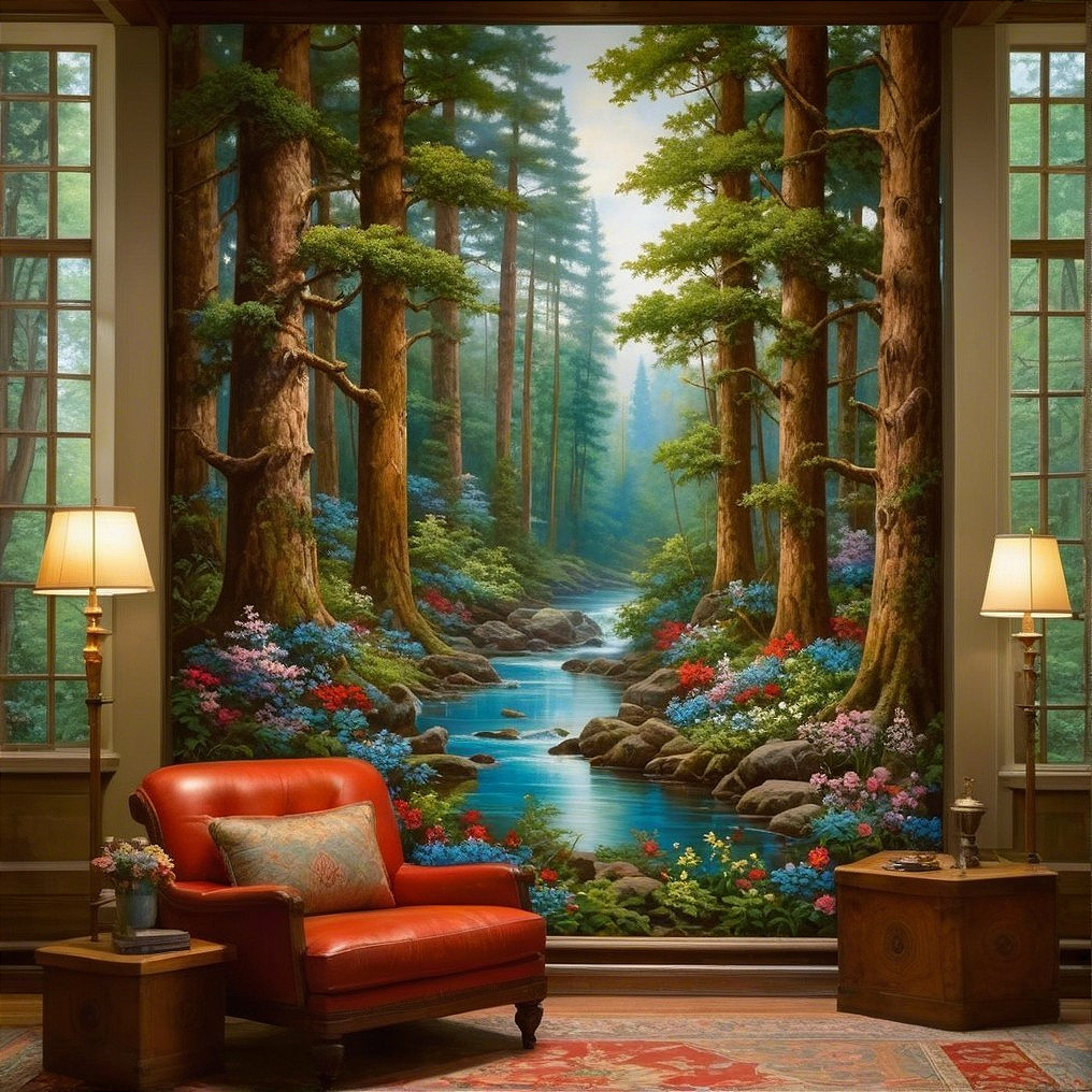 Cozy Interior with Serene Forest Mural and Red Armchair