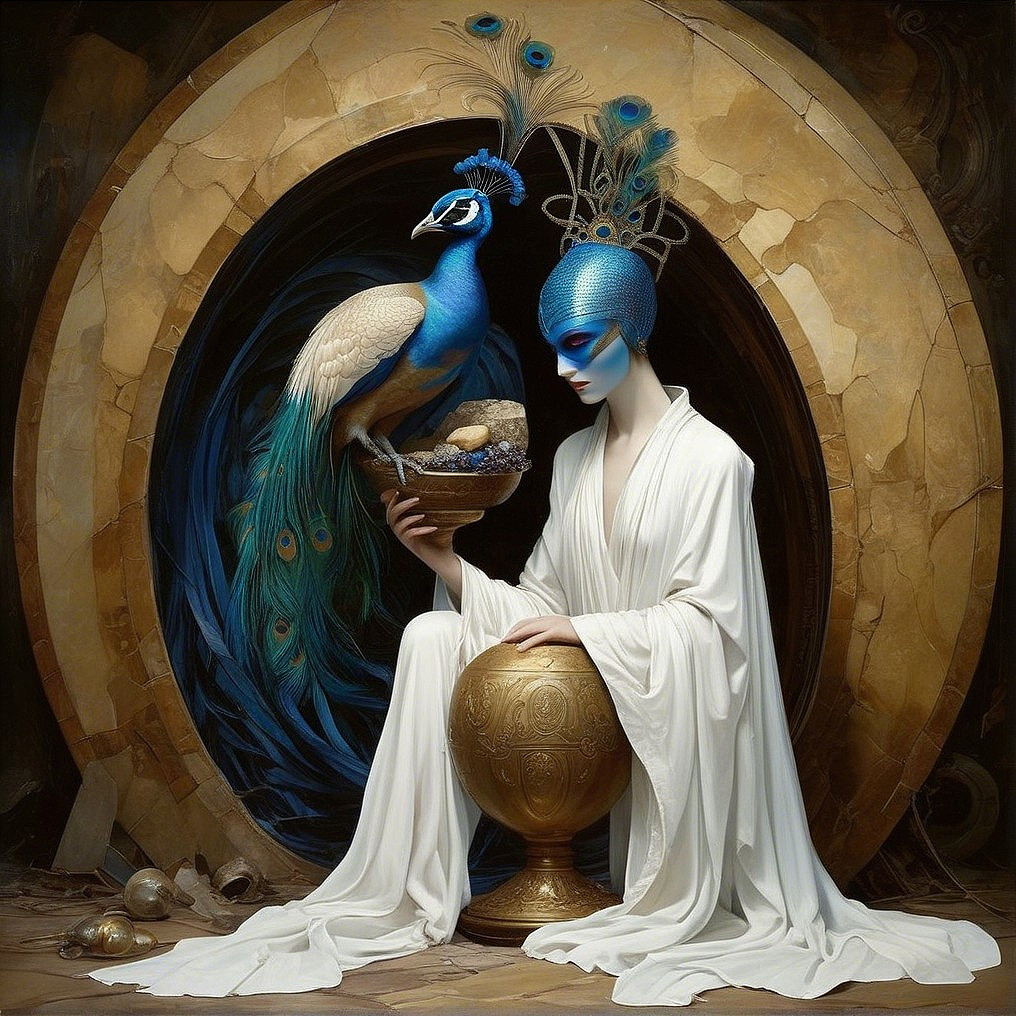 Serene Figure in White Drapery Beside a Peacock