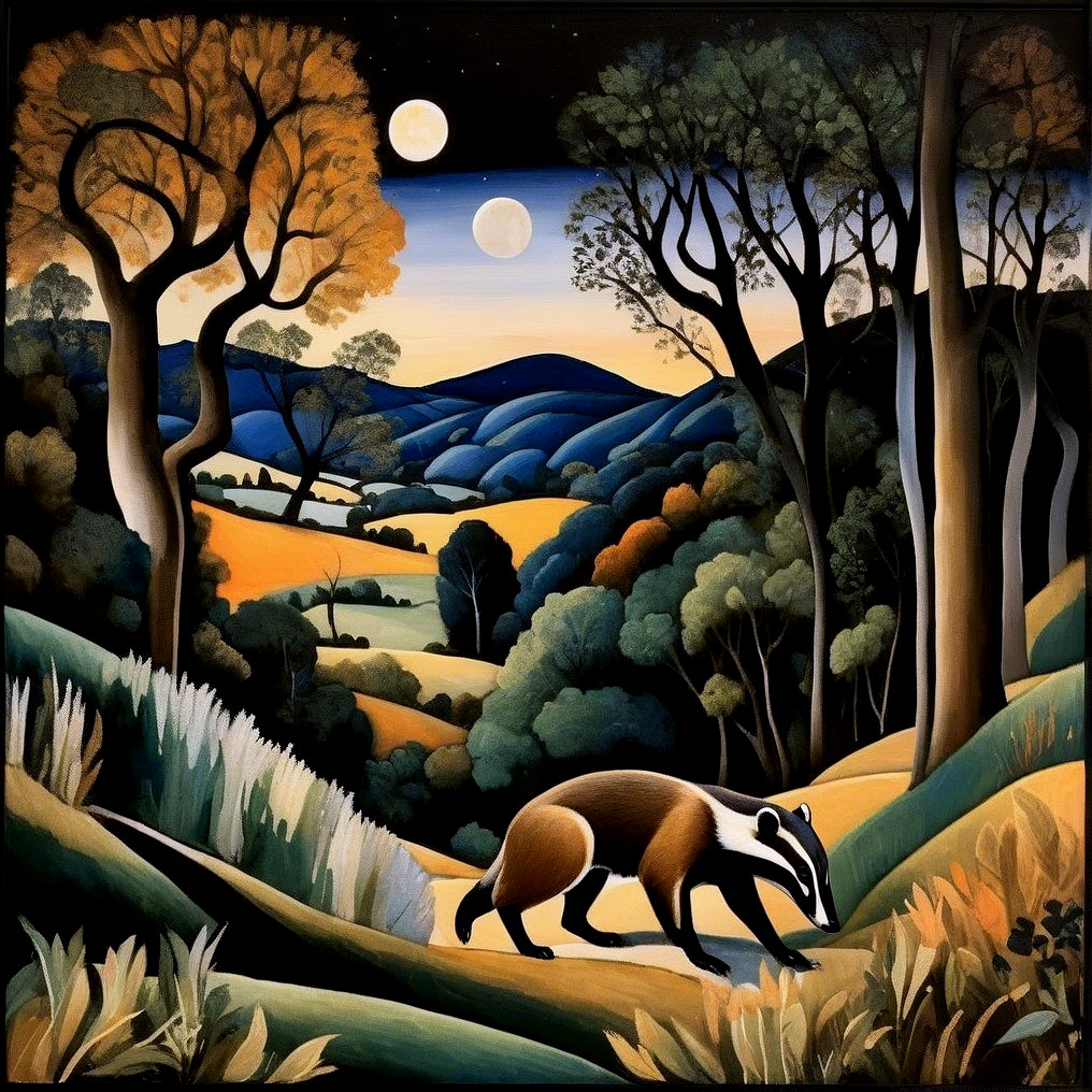 Stylized Twilight Landscape with Badger and Moons