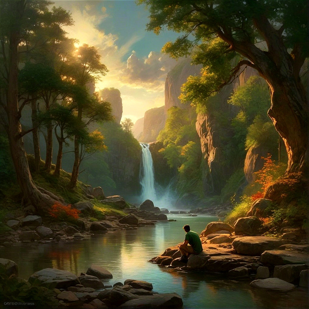Tranquil River and Waterfall in Lush Landscape