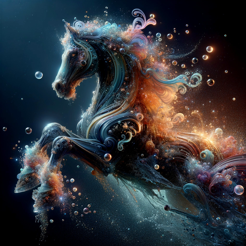 Colorful digital horse art with water splashes and cosmic elements on dark backdrop