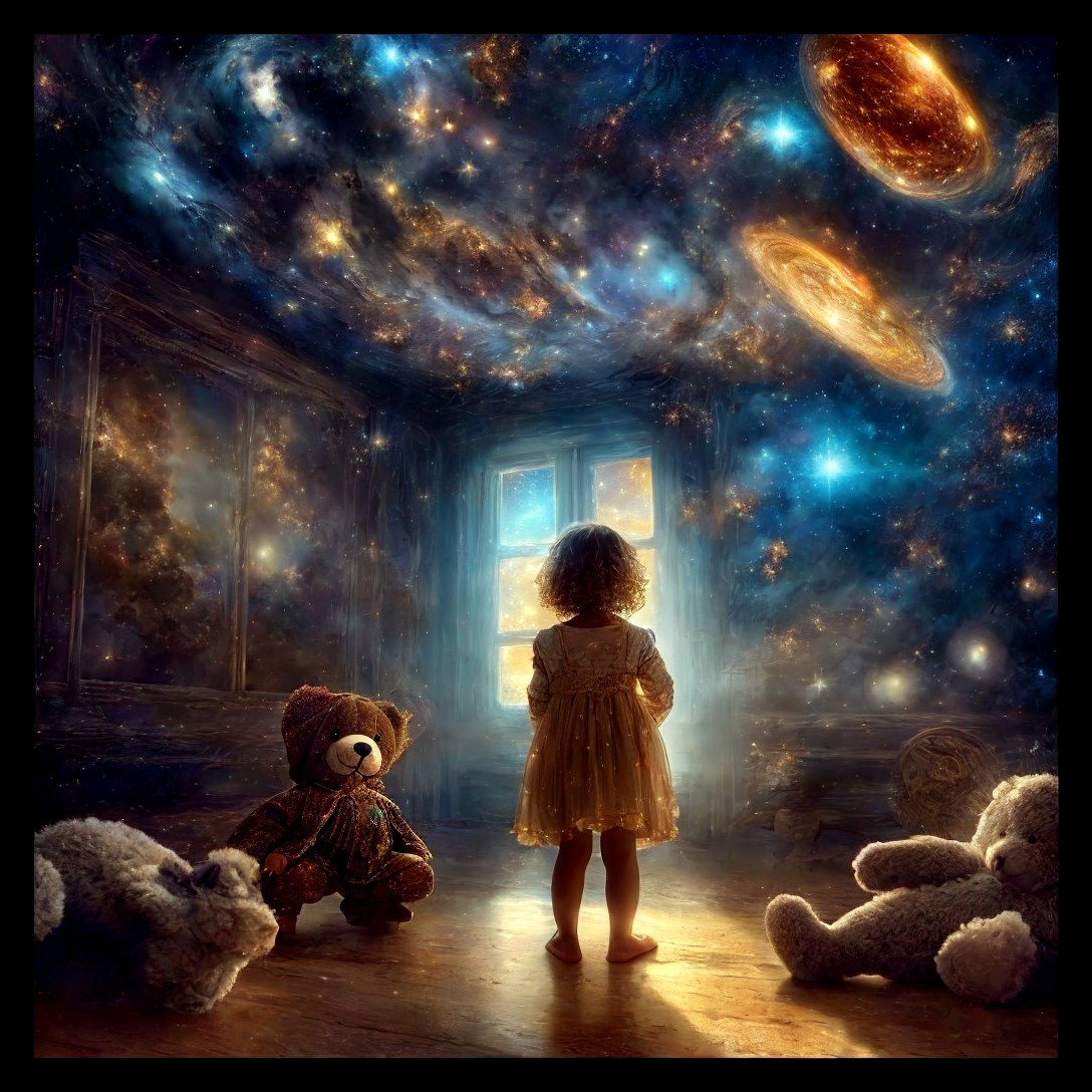 Child in Yellow Dress Gazes at Cosmic Scene from Room