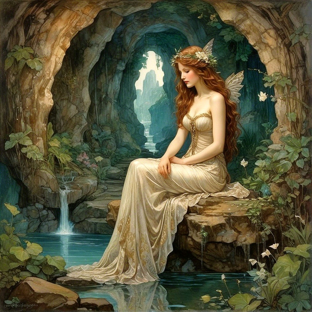 Fairy in a serene grotto by a tranquil pool