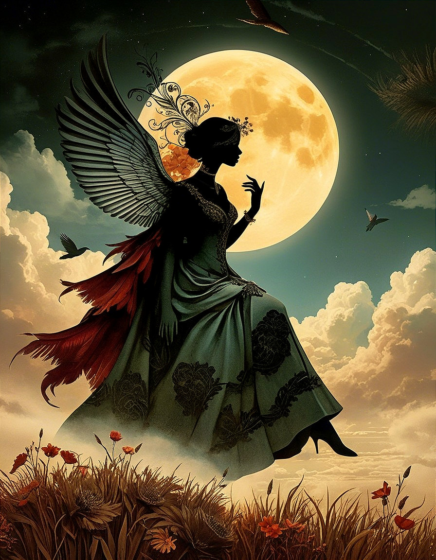 Silhouetted Woman with Wings Against Full Moon