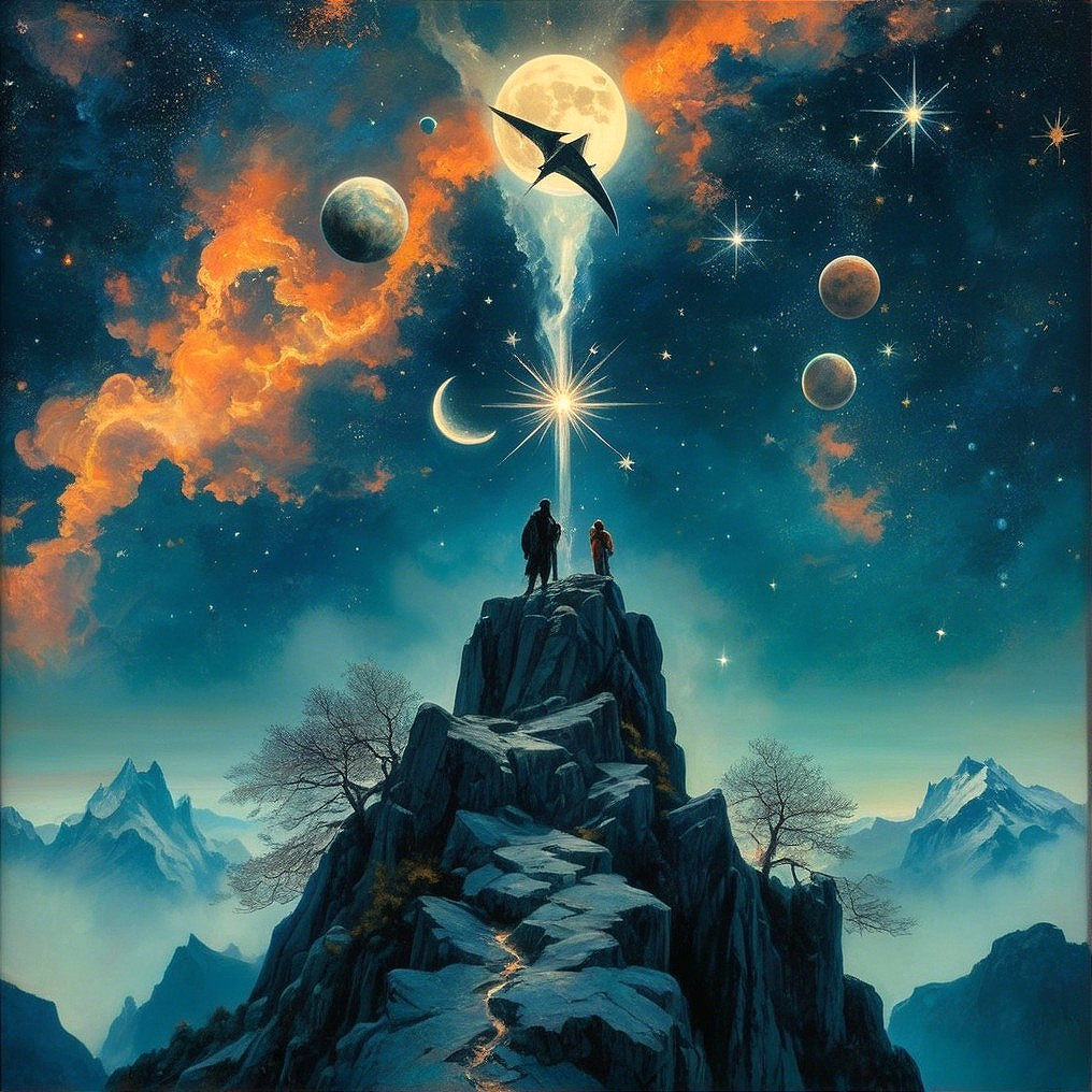 Figures on Mountain Peak Under Radiant Star and Nebulae