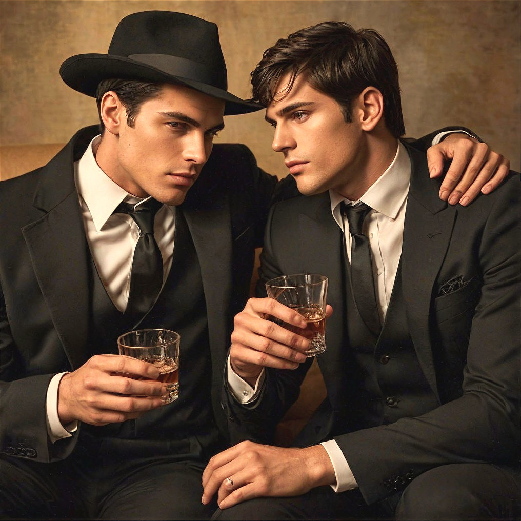 Sophisticated Men in Suits with Whiskey and Fedora