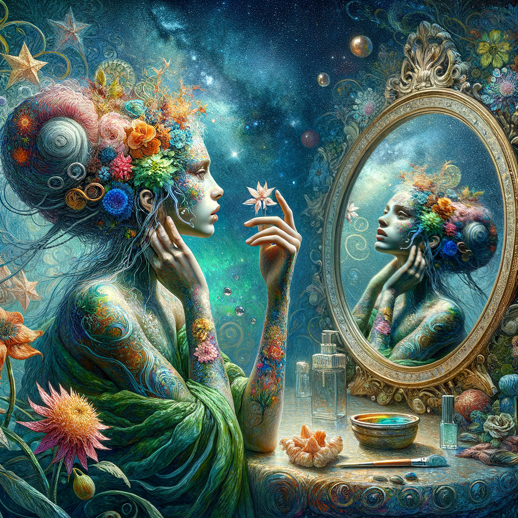 Mystical Woman with Flowers and Cosmic Patterns