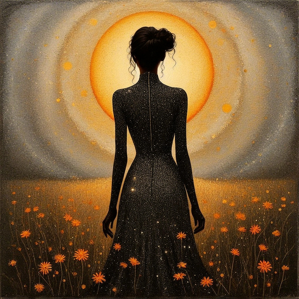 Silhouette of Woman in Dark Gown Among Orange Flowers