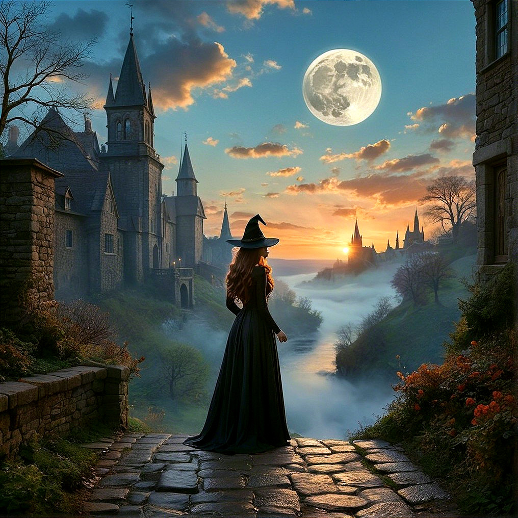 Misty Village Under Full Moon with Dark-Robed Figure