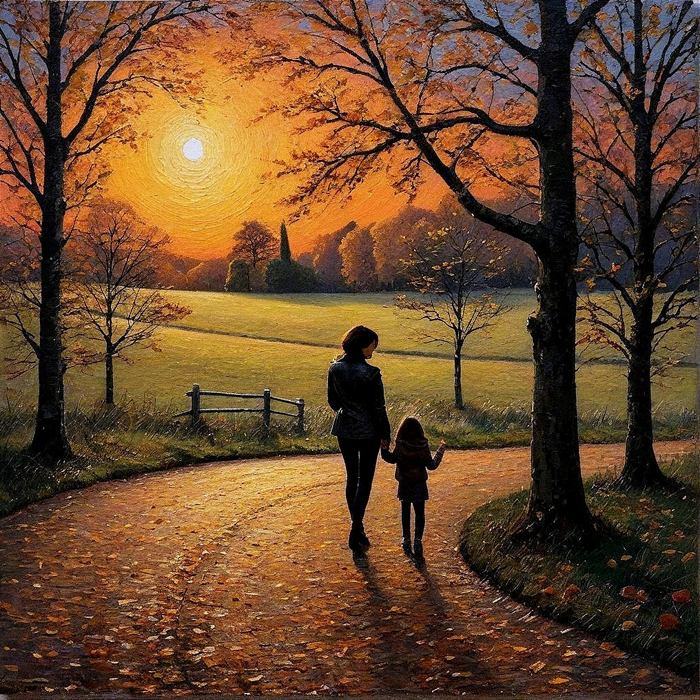 Serene sunset with silhouetted figures on a path