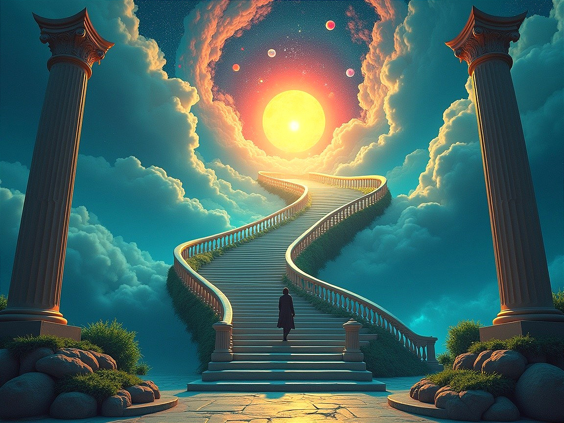 Surreal Landscape with Twisting Staircase and Celestial Scene