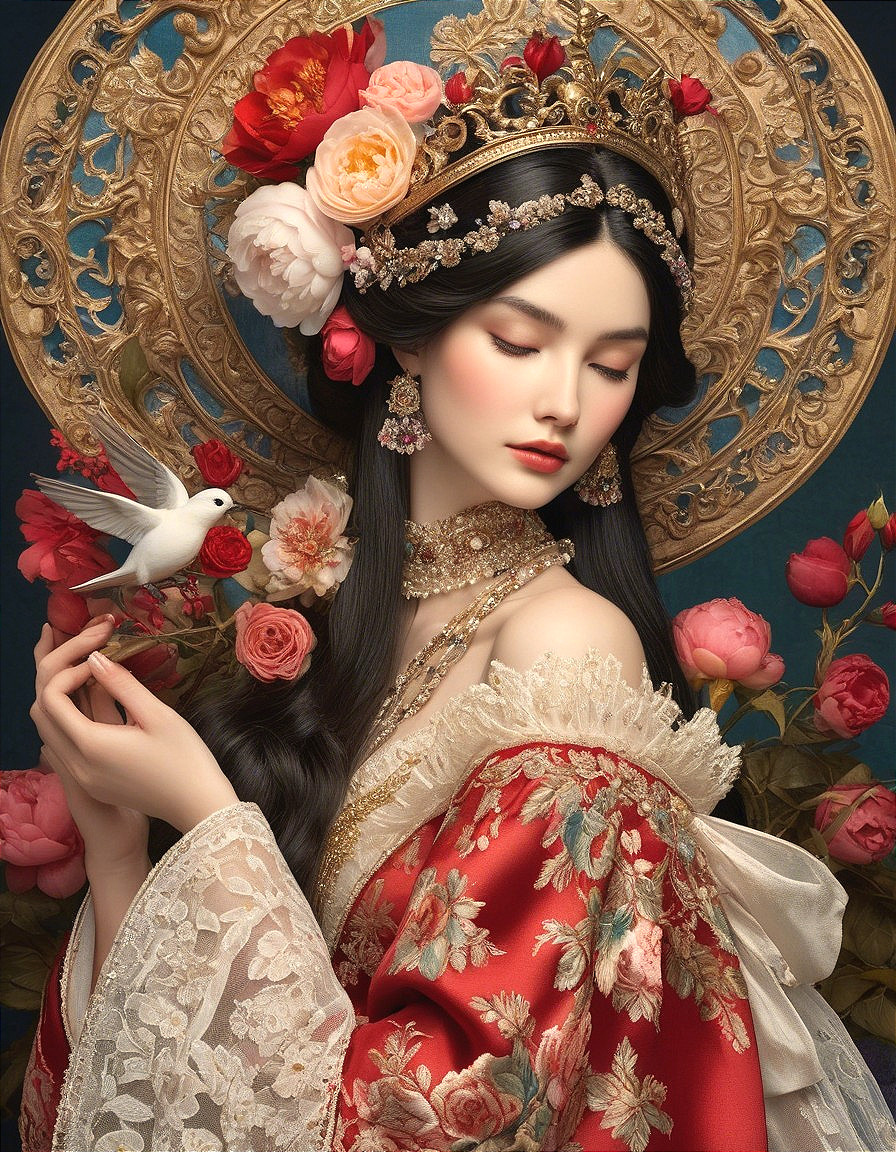 Serene young woman in embroidered red garments with flowers