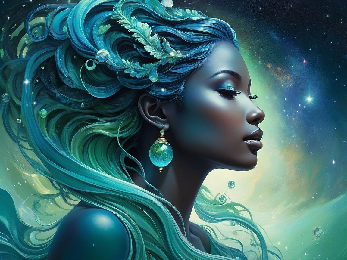 Ethereal Figure with Teal Hair Against Cosmic Backdrop