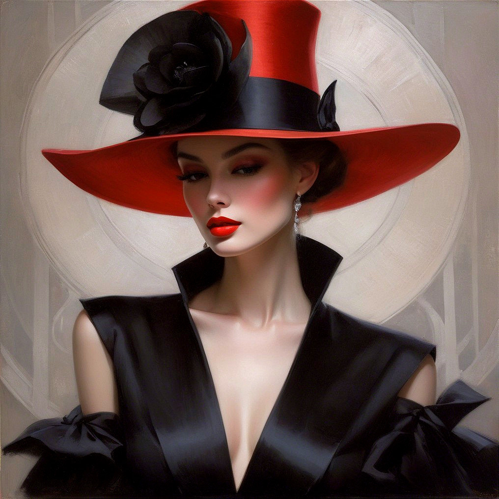 Portrait of a Woman in Red Hat and Black Outfit