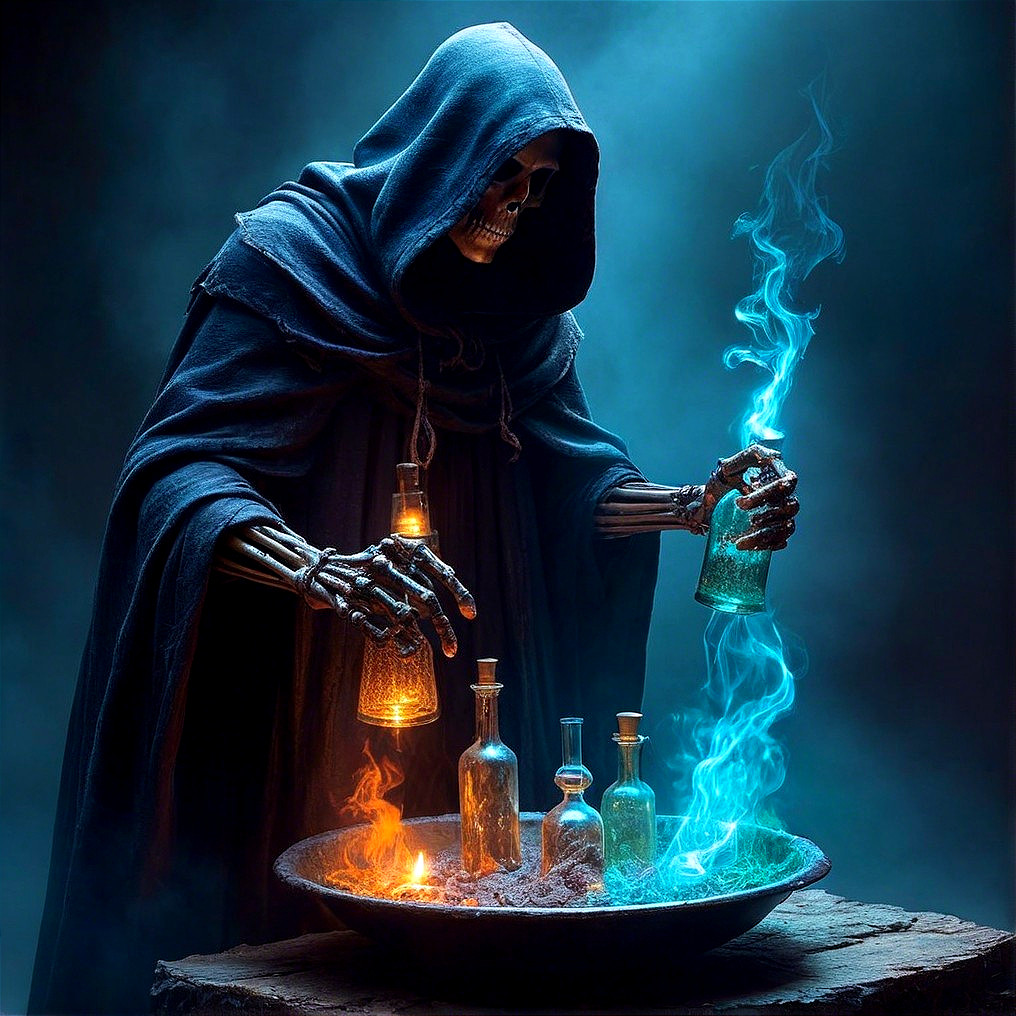 Hooded Figure with Cauldron and Glowing Liquid